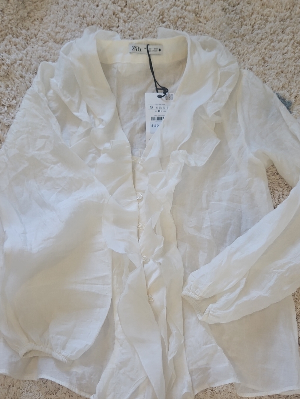 Zara White Ruffle Front Button Blouse